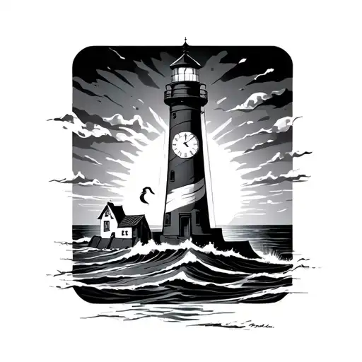 Lighthouse On The Ocean With Clock