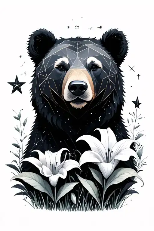 Geometric Bear Face In A Field Of Stella Lily And Peace Lily With Constellations In The Sky Above