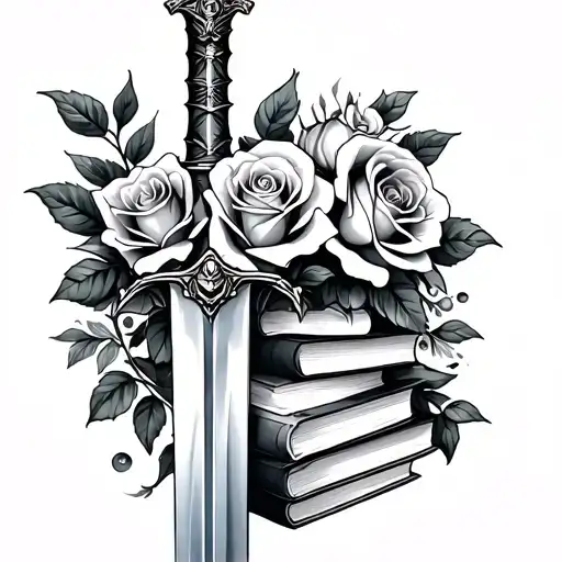 Roses With Sword And Books With Eother Flowers