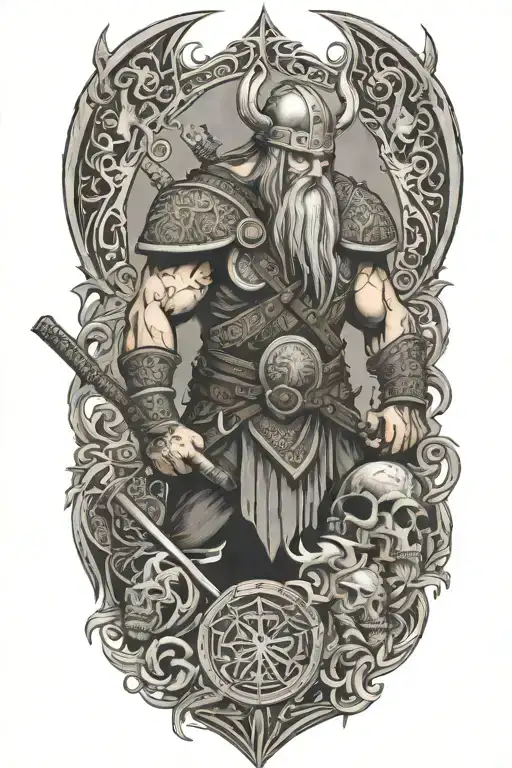 Viking Warrior Surrounded By Norse Mythology Symbols