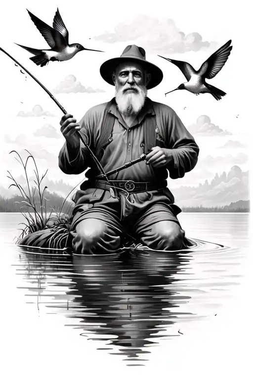 Old Man Fishing On A Lake In Heaven With Hummingbirds Around Tattoo