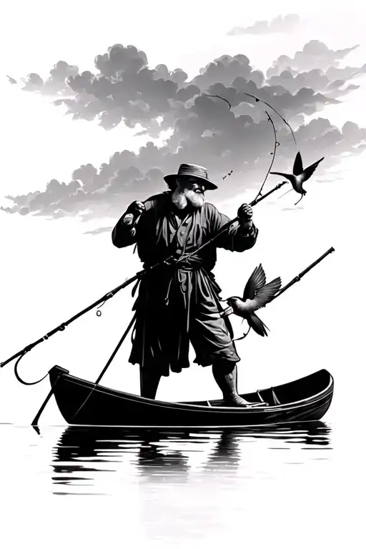 Old Man Fishing On A Boat In A Lake In Heaven With A Hummingbird On His Shoulder