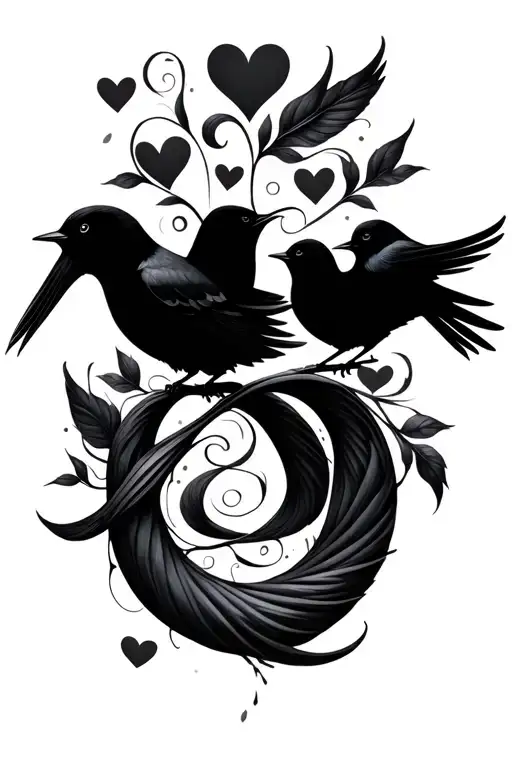 Infinity Symbol Intertwined With Black Birds Silhouette And Some Hearts Small Size