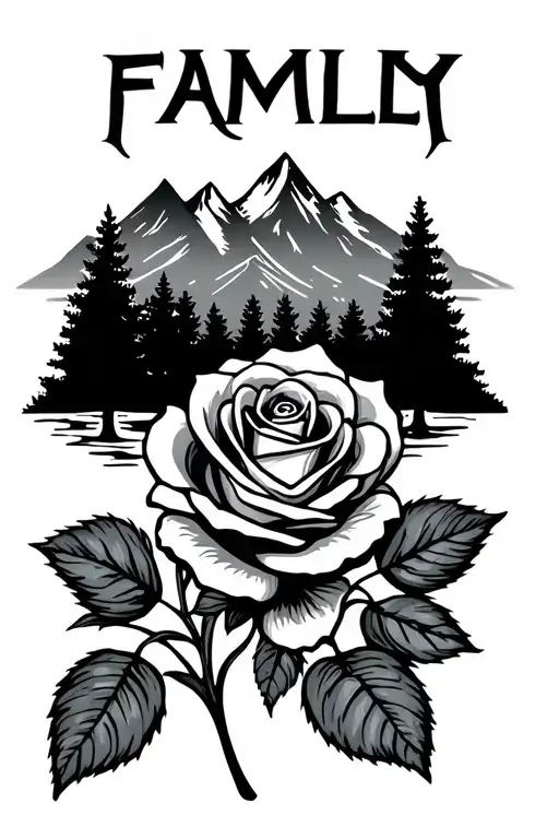 Family Word With A Rose Flower Underneath Mountains And Trees Above