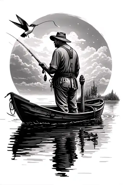 Old Man Fishing On A Boat In A Lake In The Clouds With A Hummingbird With His Back Turned