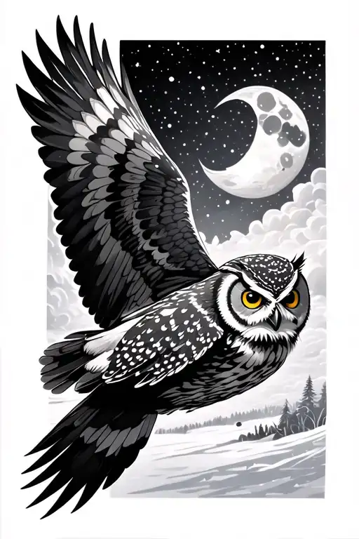 Owl Flying In Winter With Snow And Moon