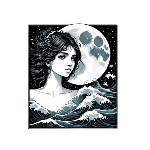 A Aquarius Girl With Moon And Waves