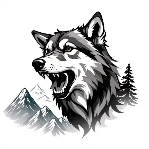 Growling Wolf And Mountains