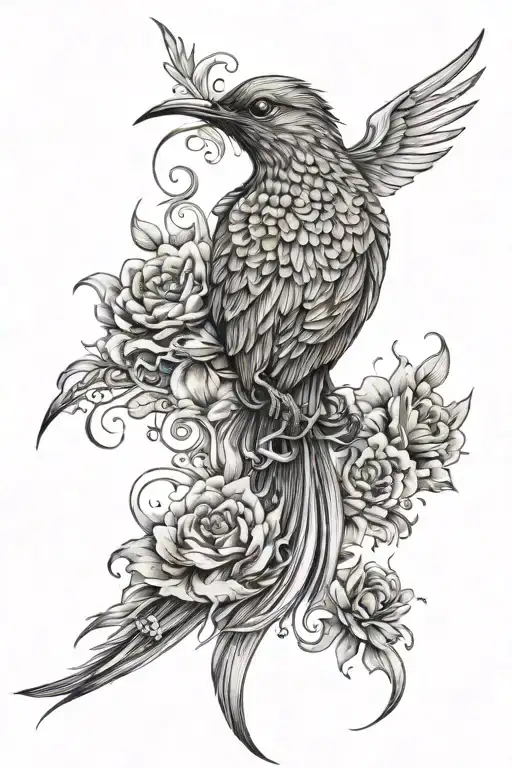 Mythical Phoenix Flowers And Hummingbird Tattoo