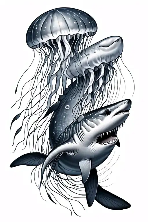 Jellyfish And Whale Shark Swimming Together In Space