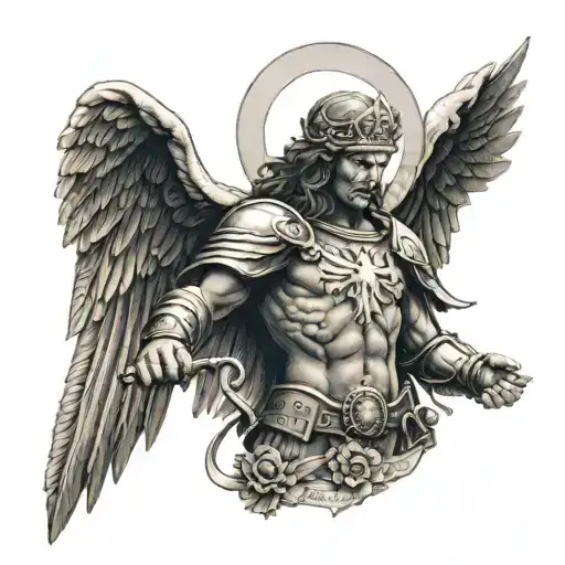 An Intricate Black And Grey Portrait Of St Michael Holding A Paramedic Symbol Tattoo