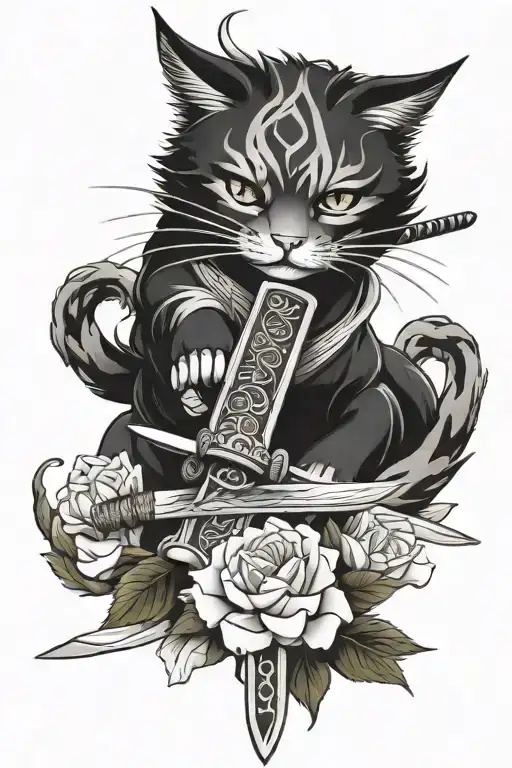 Cat Samurai Sword Flowers