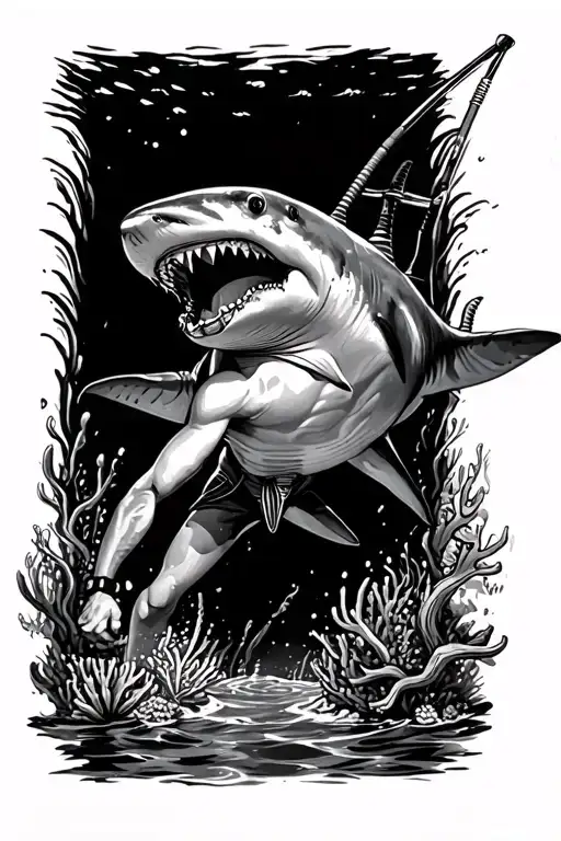 Swimmer With Snorkel And Speargun Fighting A Shark In The Reef