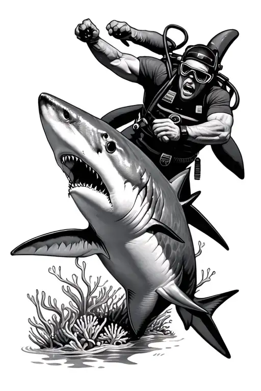 Diver Fighting A Shark In A Reef