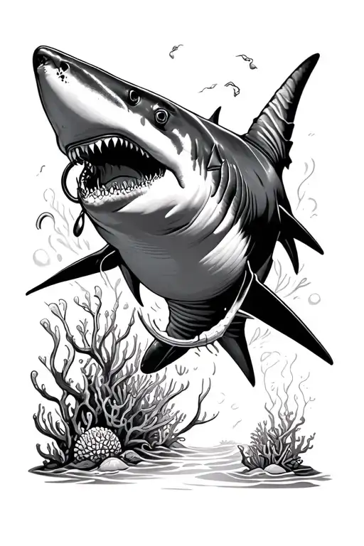 Diver Fighting A Shark In A Reef