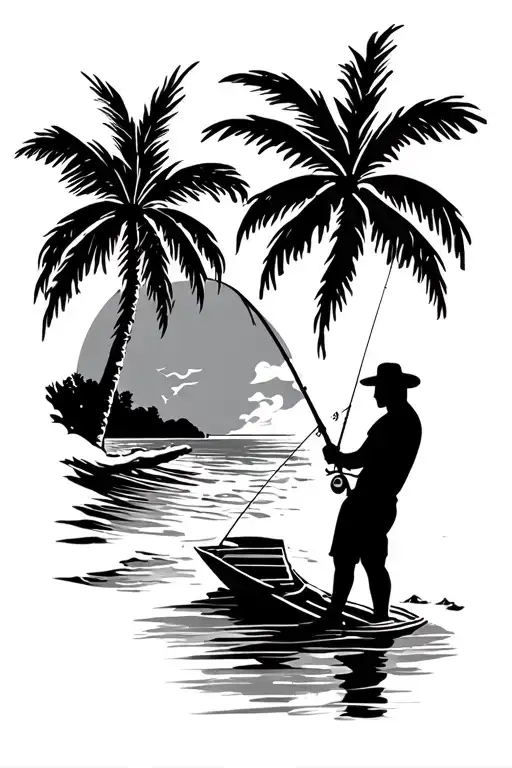 Men's Sleeve With Palm Tree Beach And Man Fishing