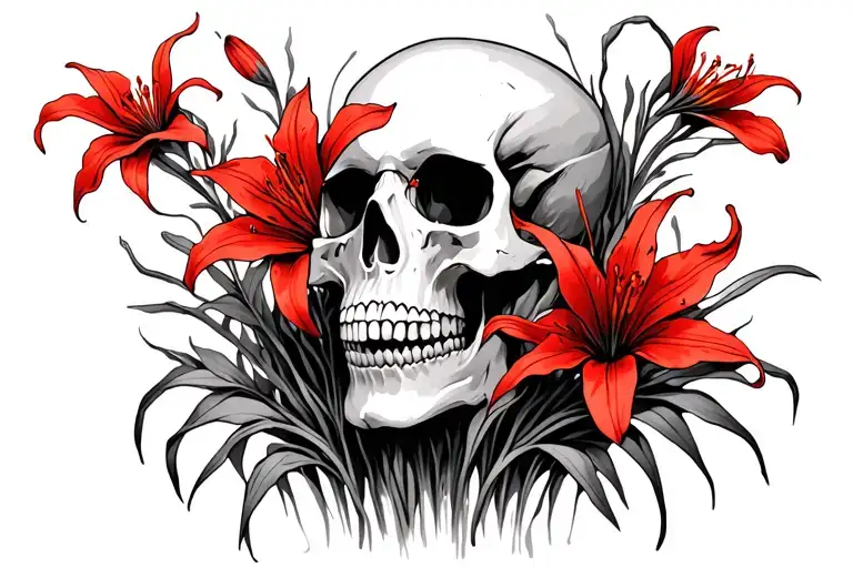 Skull With Red Spider Lillies Growing