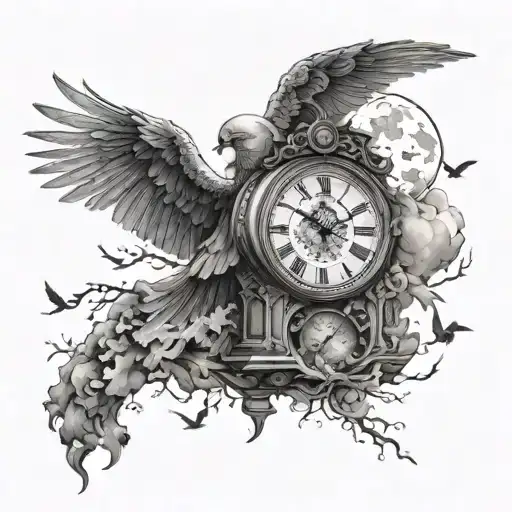 A Crumbling Clock Flying Birds Stairway To Heaven Moon Stars Tattoo