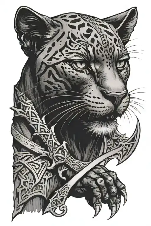 Drizzt Scimitar Crossed At 45 And Black Panther Cat Wrapped Around Them