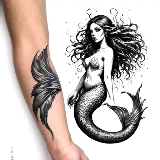 Tattoo Of A Beautiful And Terrifying Mermaid On The Arm That Extends Its Tail To The Hand Tattoo