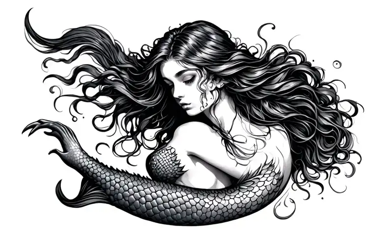 Tattoo Of A Beautiful And Terrifying Mermaid On The Arm That Extends Its Tail To The Hand Tattoo