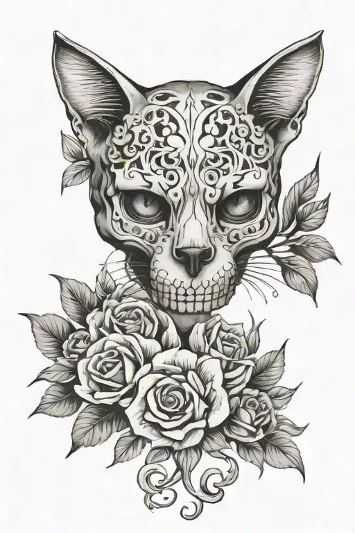 Cat Skull Flowers Intertwined