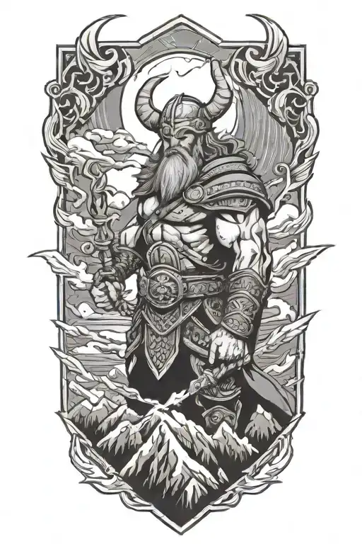 A Viking With A Mountain Behind Him With Lightning In The Sky And 2 Ravens