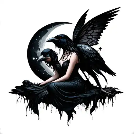 Moon With A Raven And Gothic Fairy Sitting