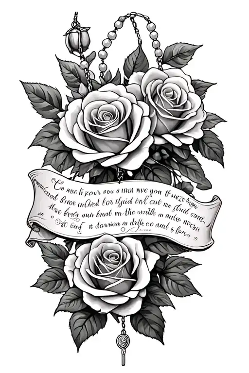 Bible Verse With Roses On The Bottom And A Rosary In The Background Tattoo