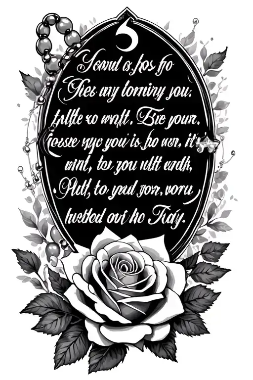Bible Verse With Roses On The Bottom And A Rosary In The Background Tattoo