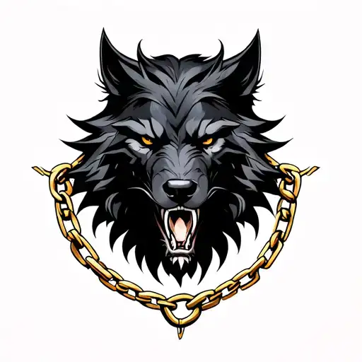 Black Fenrir With Golden Chains With A White Outline On The Chains