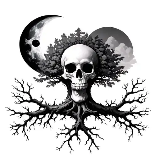 Tree With Skull In The Sun And Moon Roots On Each Side