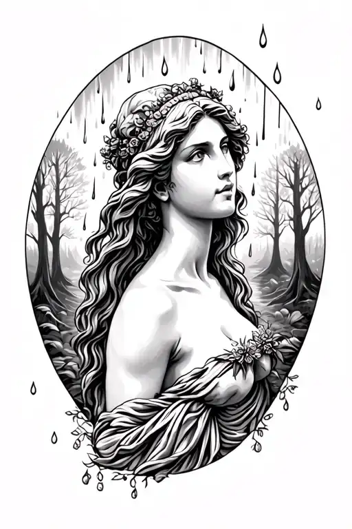 Aphrodite With Trees In The Background And Rain Falling