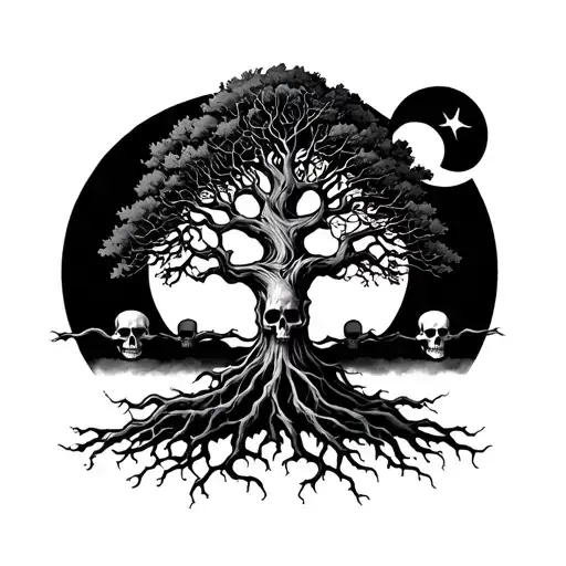 Tree That Takes Roots In A Sun Skull And Moon On Each Side