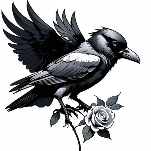 Flying Raven Holding Rose In Talons
