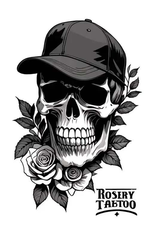 Skull Wearing Ball Cap With Rosery Thigh Piece