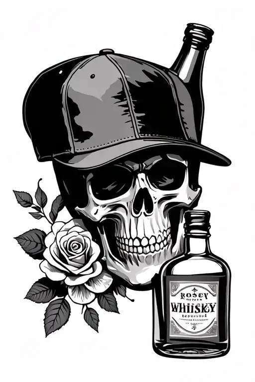 Skull Wearing Ball Cap Backwards With Rosery Bottle Of Whiskey
