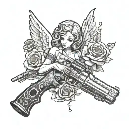 Angel Holding A Gun And Rose And Butterflies And Sparkles