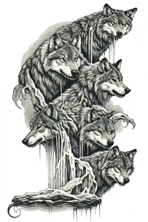 4 Wolves By A Waterfall Flowing