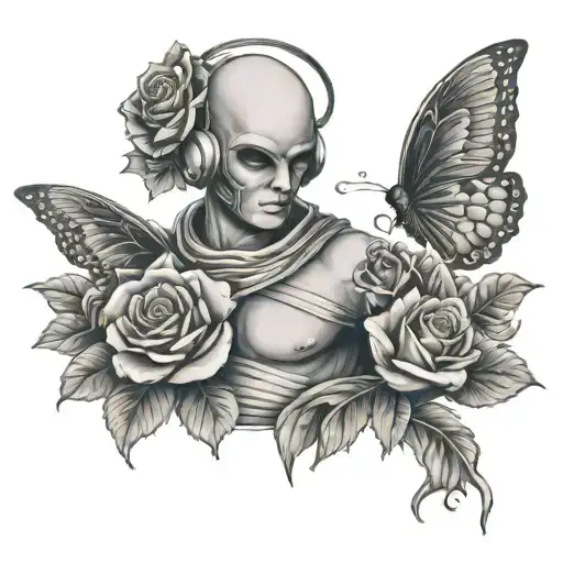 Bald Angel With Ski Mask And Roses And Butterflies