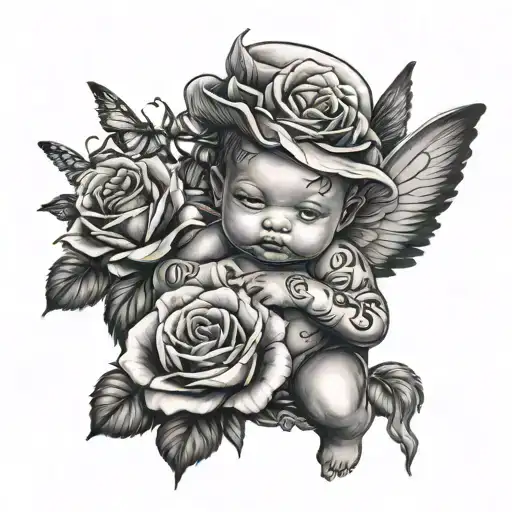 Gangster Baby Angel With Roses And Butterflies Tattoo