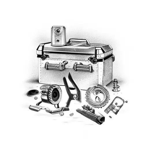 A Rugged Mechanic's Toolbox Filled With Hunting Gear And Car Parts Tattoo