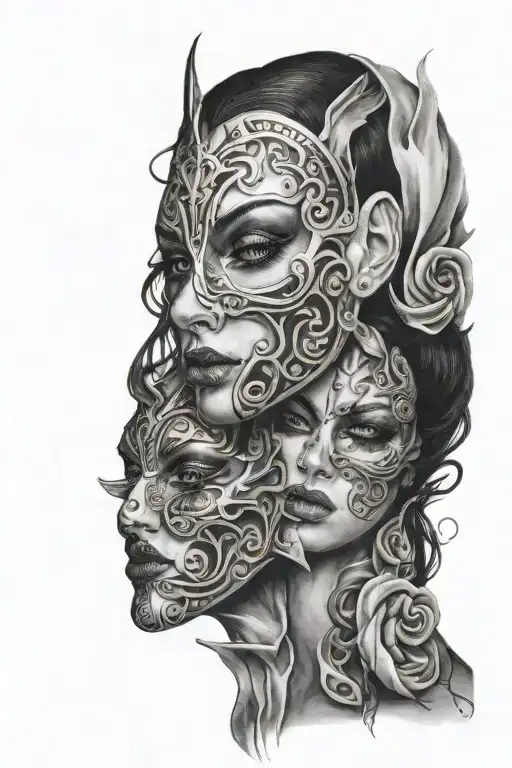 Womans Face Taking Off A Mask Split In Half Good And Evil Side