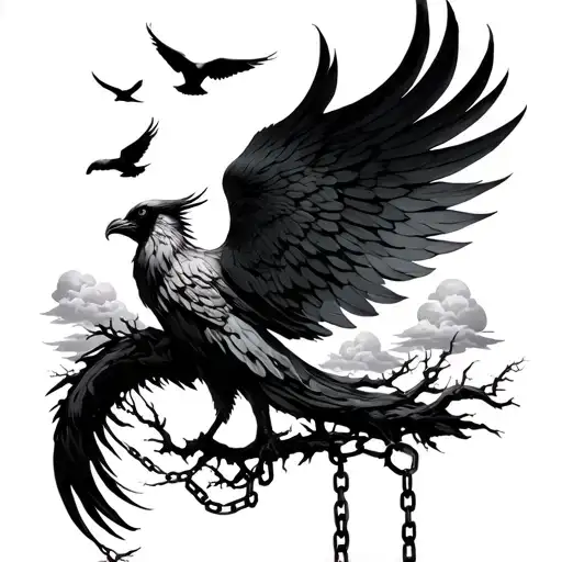 Phoenix And Tree And Clouds And Chains On The Phoenix With Birds Flying And