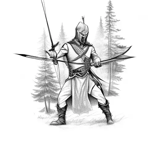 A Sketch-style Tattoo Of A Hunter With A Bow And Arrow In A Woodland Setting