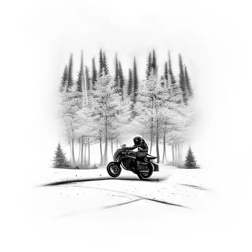 A Black-grey Tattoo Of A Motorcycle Speeding Through A Forest