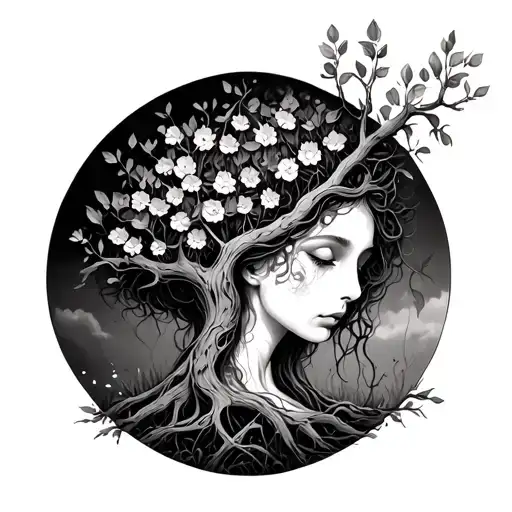 Black And White Dryad Growing Out From Tree