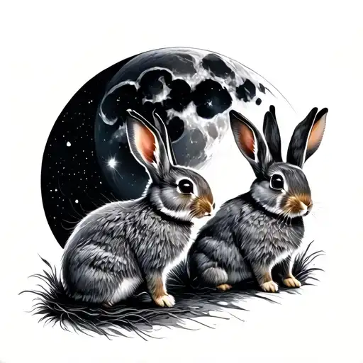 5 Fineline Rabbits Sitting Looking At A Rabbit Peering Over The Moon