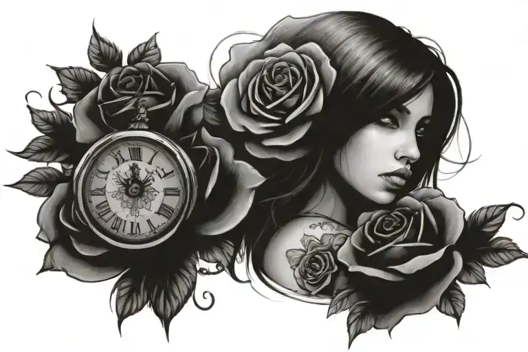 Naughty Girl With Roses And Clock Face