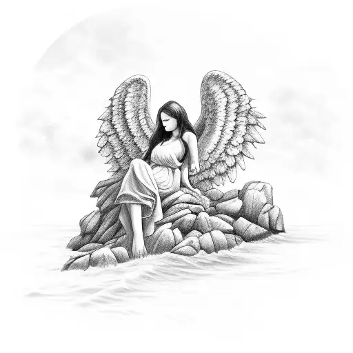 Angel On A Rock By The Sea With The Mood Behind